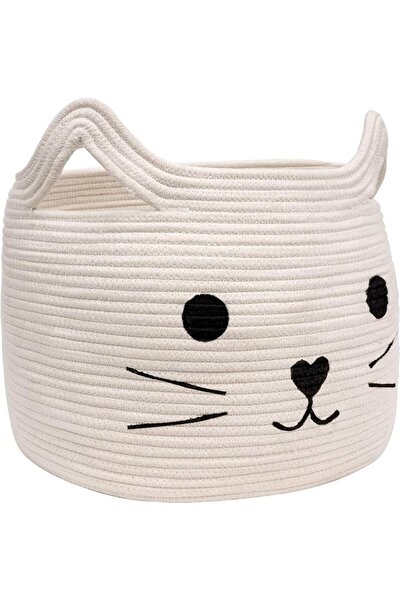 HiChen Large Woven Rope Cat Toy Basket with Cat Face Design, White