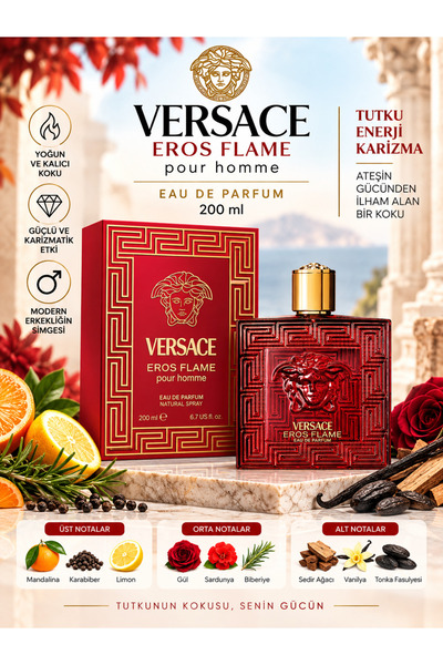 Versace Eros Flame Eau de Parfum 200 ml – Narenciye, Baharat ve Vanilya Notal...