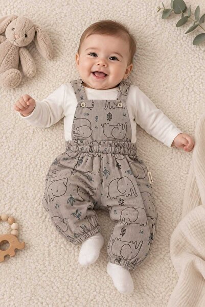 Tudekids TUDE KİDS FİL DESENLİ ERKEK BEBEK ZIBINLI MÜSLİN TULUM/SALOPET