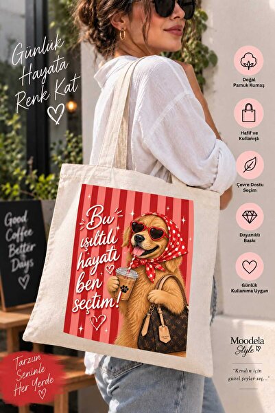 Kadın Baskılı Bez Çanta – Köpek Desenli Renkli Tasarım, Günlük Kullanım Omuz Çantası, Pamuklu Alışveriş Çantası