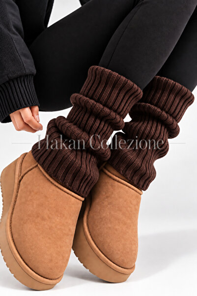Hakan Collezione Kahverengi Yün/Akrilik Triko Örgü Leg Warmer Ayak Isıtıcı Uz...