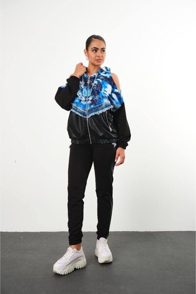 Bella Belluci Women's Quality Blue Tiger Patterned Leather Detailed Tracksuit...