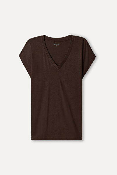 Mudo Kadın Kahverengi Modal Karışımlı V Yaka T-Shirt
