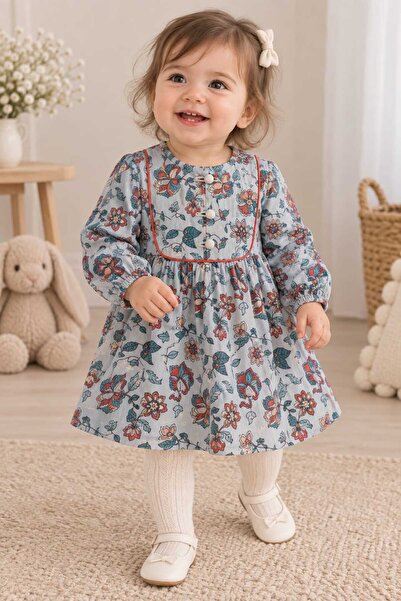 Tudekids TUDE KİDS ÇİÇEK DESENLİ KIZ BEBEK MÜSLİN ELBİSE
