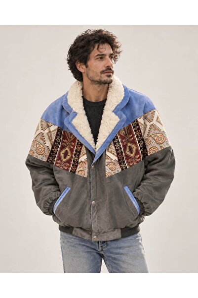CANMODA (8061) Unisex Fur Collar Vintage Aztec Jacket Oversize 90S Coat Large...