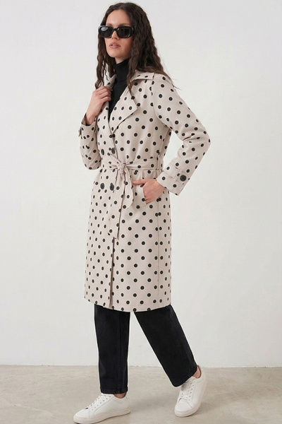Modamorfo 5918 Women's Polka Dot Double Breasted Collar Trench Coat - Ecru