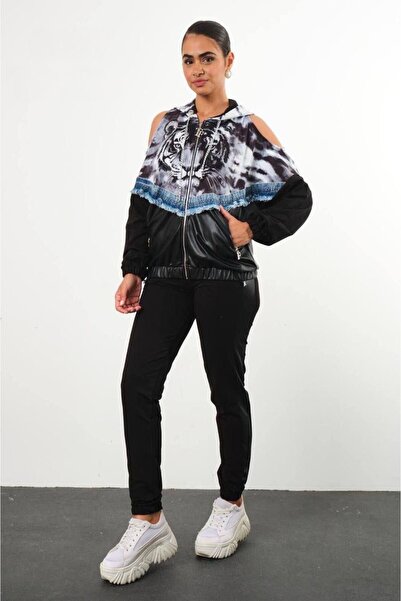 Bella Belluci Women's Quality Blue Tiger Patterned Leather Detailed Tracksuit...