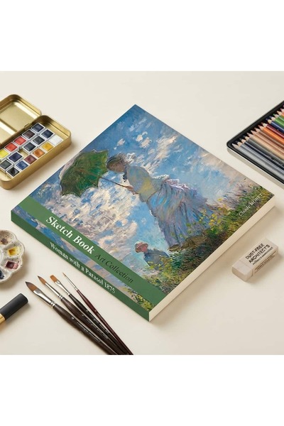 meridox Claude Monet Şemsiyeli Kadın Tasarımlı 20x20 cm Karakalem Eskiz Defteri ( 60 Yaprak )