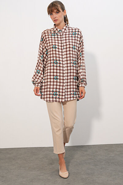 Modamorfo Women's Long Checkered Shirt Tunic 5988 - Tan