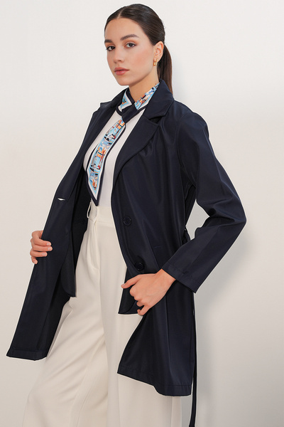 Modamorfo Women's Belted Short Trench Coat 5990 - Navy Blue