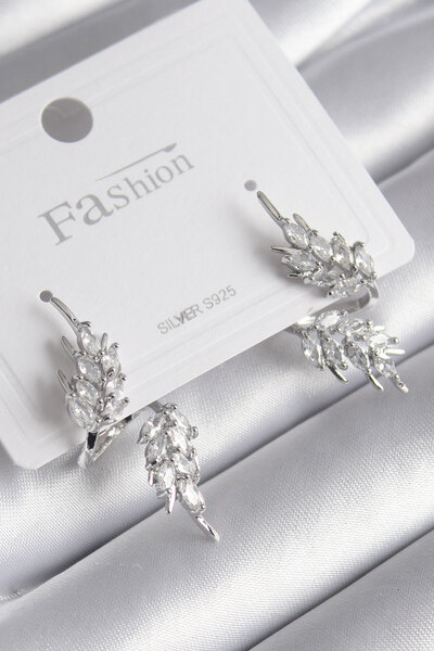 Mega Bazaar Brass Silver Color Zircon Stone Leaf Model Women's Earrings