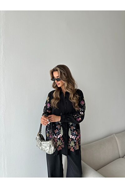 MİA NOURA KADIN ÖNÜ ARKASI VE KOLLARI BONCUK İŞLEMELİ OVERSİZE GÖMLEK