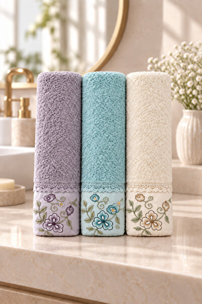 Bahar Dalı Çiçek Nakışlı El Yüz Havlusu 50x90 cm 3’lü Set %100 Pamuk