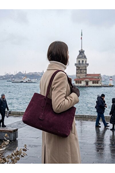 Genel Markalar Kadın Süet Bordo Günlük Kol Çantası İç Bölmeli Kitap Ve Tablet...