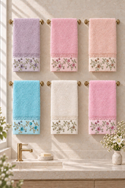 GONCA Bahar Dalı Çiçek Nakışlı El Yüz Havlusu 50x90 cm 6’lı Set %100 Pamuk