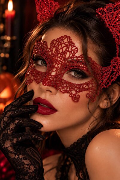 Munico Dantel Masquerade Maske ve Kedi Kulağı Taç Seti Kadın Halloween Balo P...