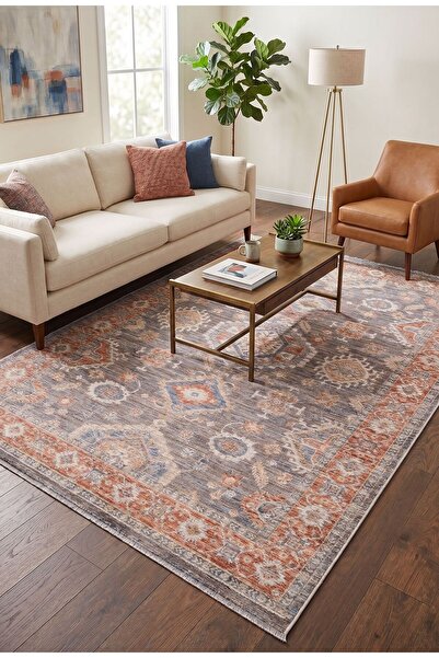 VEJA HOME Flora Gri Kiremit Klasik Etnik Desenli Vintage Eskitme Salon Halısı...