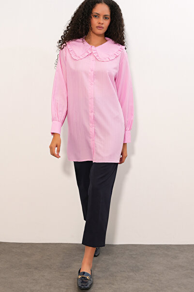 Modamorfo Women's Wide Collar Ruffle Detailed Striped Tunic Shirt 5993 - Pink
