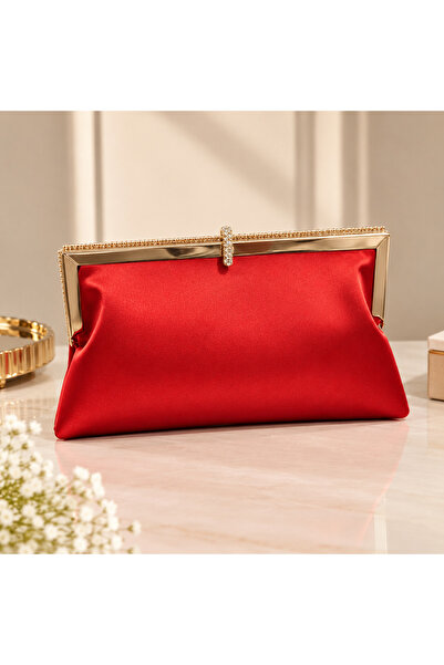 Gül Karatekin Kadın Kırmızı Saten Taş Detaylı Cüzdan Clutch Model Portföy Öze...