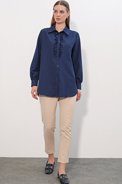 Modamorfo Ruffled Long Shirt Tunic 5953 - Navy Blue