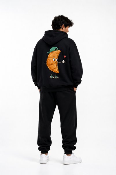Mondschein Lover's Combination 2-Piece Oversize Unisex Croissant Character Printed Hooded Sweatshirt Hoodie