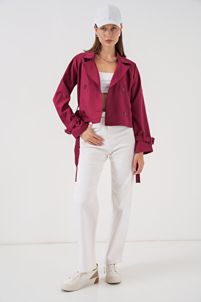 Modamorfo Women's Belted Short Trench Coat 5970 - Burgundy