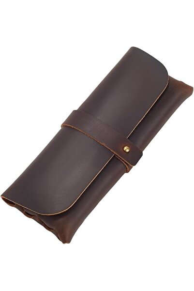 KASTWAVE Coffee Crazy Horse Leather Pen Case- Retro Genuine Leather Snap Cove...