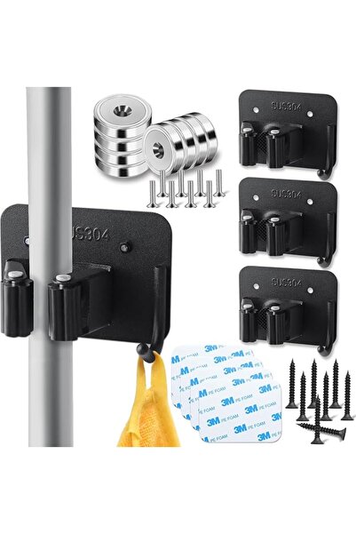 Yelajoy 4 PCS Mop and Broom Holder Wall Mount Black Organizer
