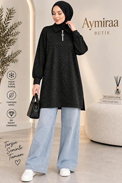 aymiraa Kadın Sim Parıltlı Polo Yaka Siyah Tesettür Tunik