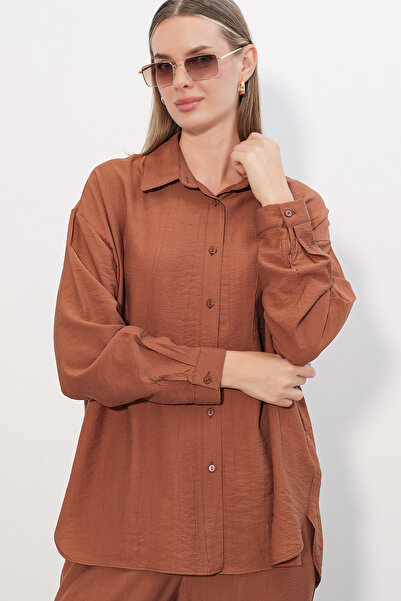 Modamorfo Women's Textured Shirt and Pants Two-Piece Set 6710 - Tan