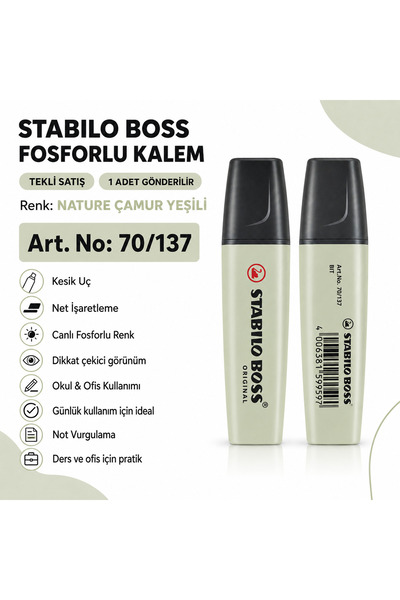 Stabilo BOSS Fosforlu Kalem 1 Adet – Metin İşaretleme Kalemi
