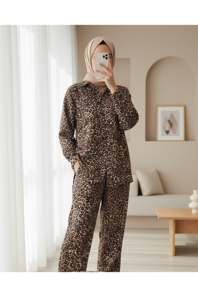 Modamorfo 6699 Leopard Patterned Top and Bottom Set - C. Brown
