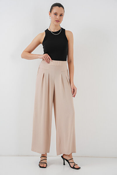 Modamorfo Women's Wide Leg Pleated Trousers 6718 - Cream