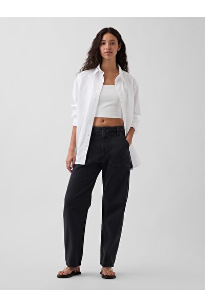 GAP Kadın Siyah Mid Rise Barrel Utility Ankle Pantolon