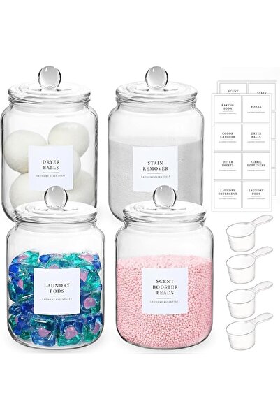 Generic 4 Pack Glass Jars with Lids and Labels, Glass Containers for Laundry ...