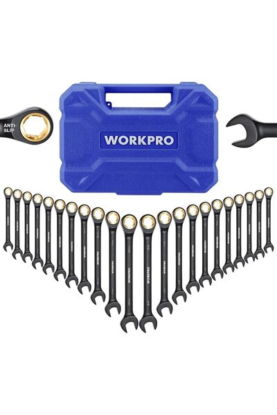 Workpro 22-Piece Ratcheting Wrench Set with Organizer Box, Metric & SAE