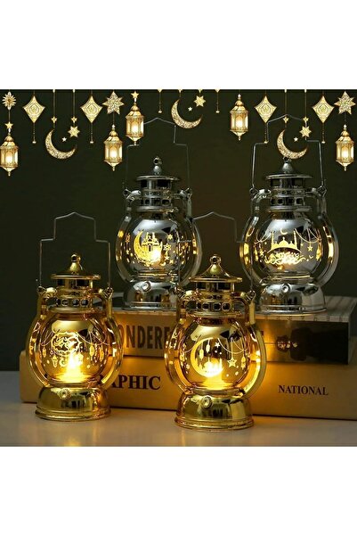 GENERAL مجموعة من 4 فوانيس رمضان، مصابيح زينة LED بتصميم القمر والقلعة، معدني...