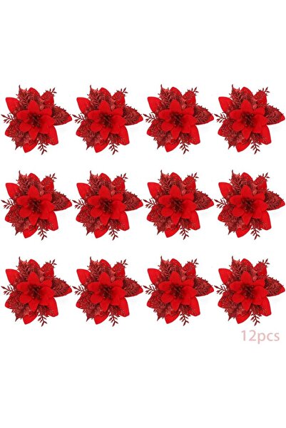 Noonedibs Set 12 flori artificiale de Crăciun tip poinsettia, 15 cm, visiniu,...