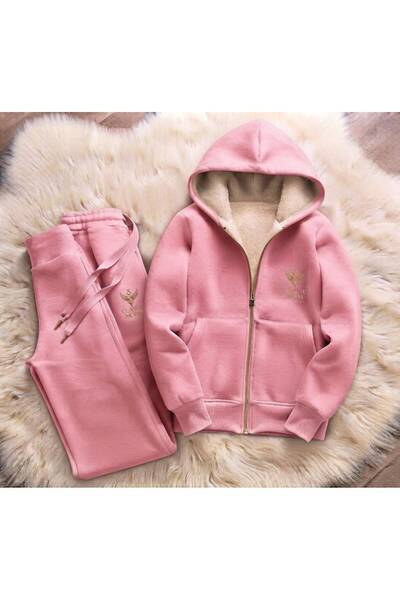 JANTIL MODA Kışlık Kalın 3 İplik Şardonlu Kürklü Sweatshirt ve Eşofman Altı T...