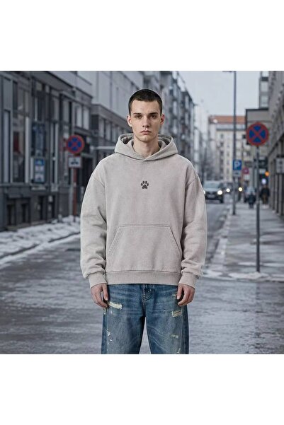 JANTIL MODA Siva melanž unisex oversize majica sa kapuljačom od flisa sa 3 ni...