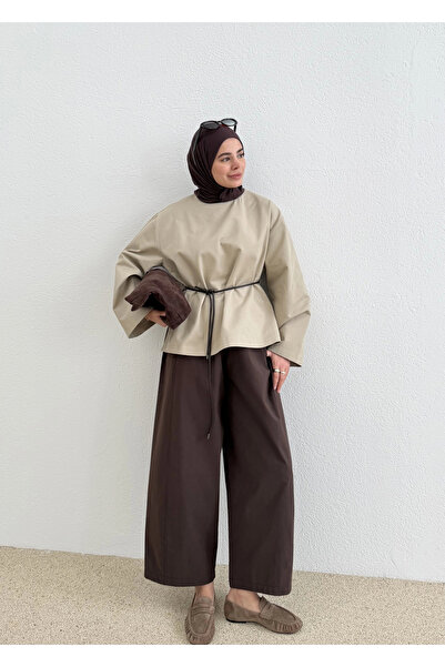 MODA AKSA 9253 DERİ KEMERLİ PAMUK GABARDİN BLUZ TAŞ