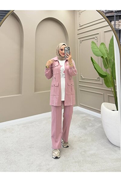 moda4b Women's 3-Piece Tracksuit Set – Multi-Pocket Buttoned Long Top Two-Thr...