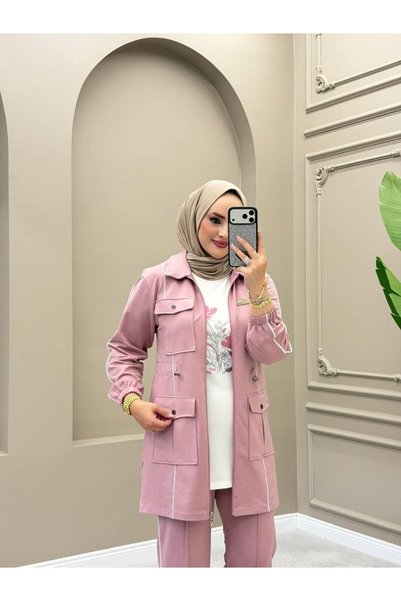 moda4b Women's 3-Piece Tracksuit Set – Multi-Pocket Buttoned Long Top Two-Thread Hijab Casual Combination N-05563 _ Pink