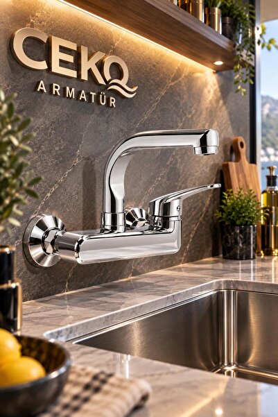 CEKO ARMATÜR Krom Duvardan Döner Borulu Aplike Mutfak ve Lavabo Bataryası | E...