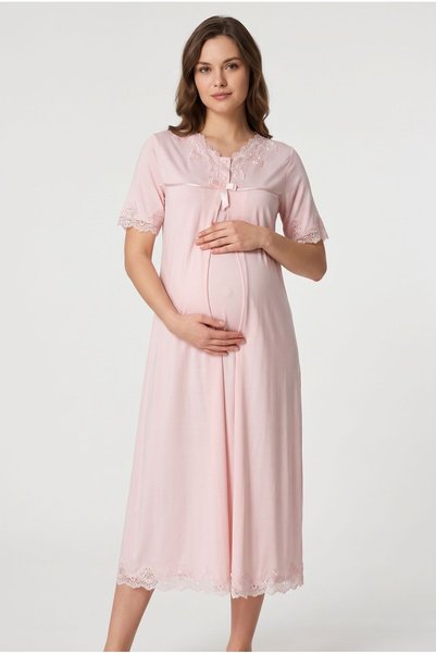 Pelin Women's Powder Lace Breastfeeding Detailed Maternity Nightgown Set