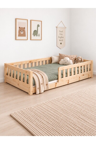 BYVELNOR Bariyerli Ahşap Yatak Montessori Çocuk ve Bebek Karyolası