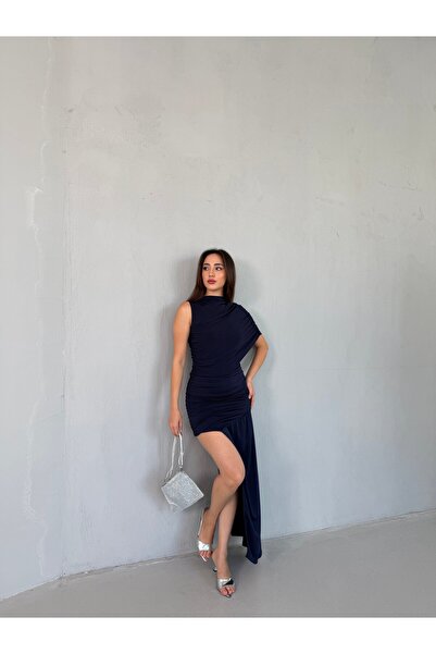 Serica Moda Rochie bleumarin cu mâneci scurte și detaliu la spate