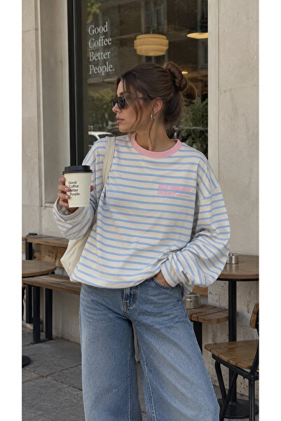 moda paketi Kadın Çizgili Oversize Uzun Kollu Bisiklet Yaka Baskılı Sweatshirt