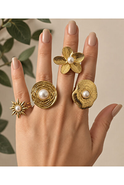 xUPING Vintage Four Adjustable Rings Set Women's Gold Plated Pearl Detailed F...