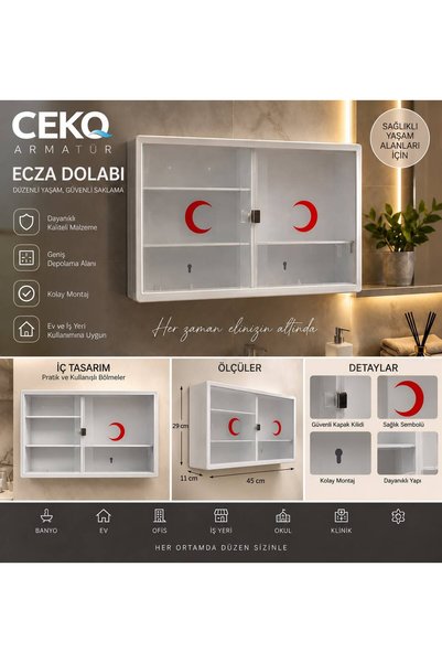 CEKO ARMATÜR Kilitli Sürgülü Kapaklı Ecza Dolabı 45x29x11 cm – Duvar Tipi İla...